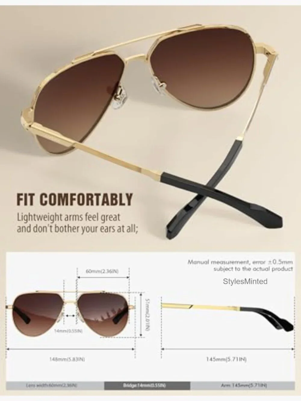Polarized Aviator Sunglasses UV400 Protection Classic Pilot 60mm